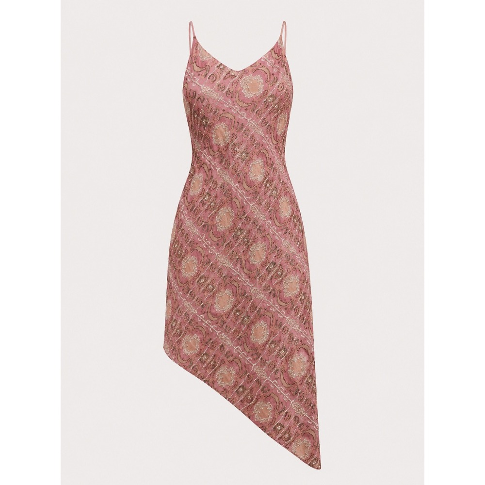 Floreat Anthropologie Beaded Mesh Asymmetrical Midi Dress Rose fairy glam sz2